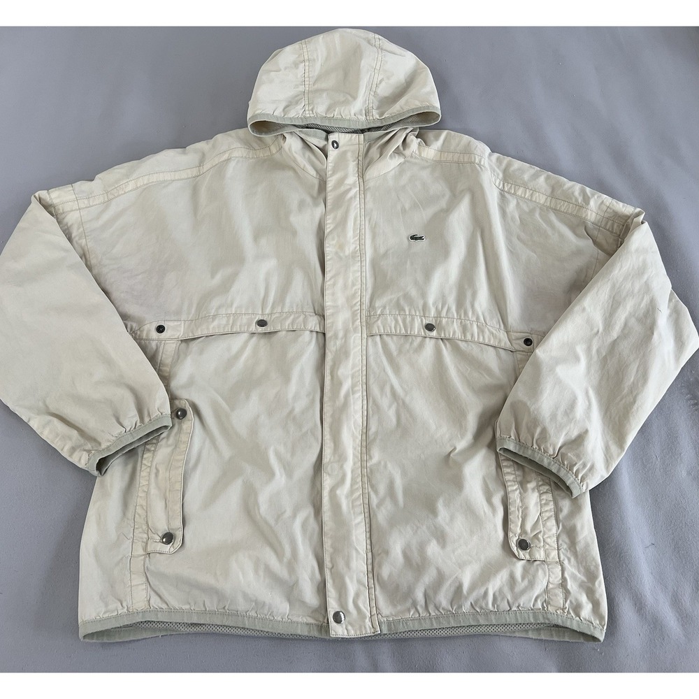 VINTAGE Lacoste Jacket Crocodile  Hood 90s Mens Sz Large Y2K Beige